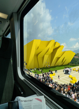 Perspektive von der internationalen Bahntrasse München-Südtirol: Die Fassade wird aus Doka-Platten hergestellt. Bild: Wallmüller © Wallmüller